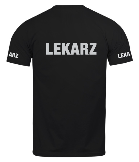 T-shirt, koszulka czarna z nadrukiem odblaskowym "Lekarz" 190g/m², rękawki, przód, tył T-shirt, koszulka czarna z nadrukiem odblaskowym "Lekarz" 190g/m², rękawki, przód, tył