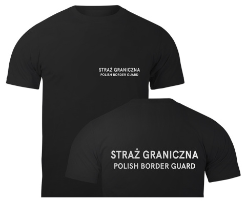 T-shirt, koszulka czarna z nadrukiem odblaskowym "Straż graniczna" 190g/m², przód, tył T-shirt, koszulka czarna z nadrukiem odblaskowym "Straż graniczna" 190g/m², przód, tył