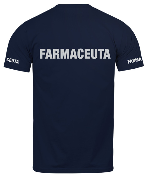 T-shirt, koszulka ciemnogranatowa z nadrukiem odblaskowym "Farmaceuta" 190g/m², rękawki, przód, tył T-shirt, koszulka ciemnogranatowa z nadrukiem odblaskowym "Farmaceuta" 190g/m², rękawki, przód, tył
