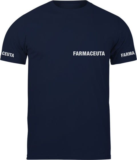 T-shirt, koszulka ciemnogranatowa z nadrukiem odblaskowym "Farmaceuta" 190g/m², rękawki, przód, tył T-shirt, koszulka ciemnogranatowa z nadrukiem odblaskowym "Farmaceuta" 190g/m², rękawki, przód, tył