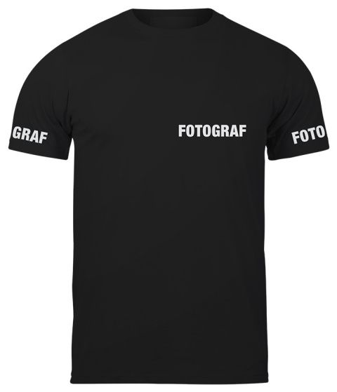 T-shirt, koszulka czarna z nadrukiem odblaskowym "Fotograf" 190g/m², rękawki, przód, tył T-shirt, koszulka czarna z nadrukiem odblaskowym "Fotograf" 190g/m², rękawki, przód, tył