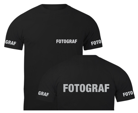 T-shirt, koszulka czarna z nadrukiem odblaskowym "Fotograf" 190g/m², rękawki, przód, tył T-shirt, koszulka czarna z nadrukiem odblaskowym "Fotograf" 190g/m², rękawki, przód, tył
