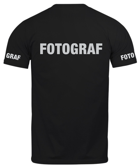 T-shirt, koszulka czarna z nadrukiem odblaskowym "Fotograf" 190g/m², rękawki, przód, tył T-shirt, koszulka czarna z nadrukiem odblaskowym "Fotograf" 190g/m², rękawki, przód, tył