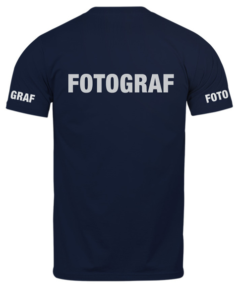 T-shirt, koszulka ciemnogranatowa z nadrukiem odblaskowym "Fotograf" 190g/m², rękawki, przód, tył T-shirt, koszulka ciemnogranatowa z nadrukiem odblaskowym "Fotograf" 190g/m², rękawki, przód, tył