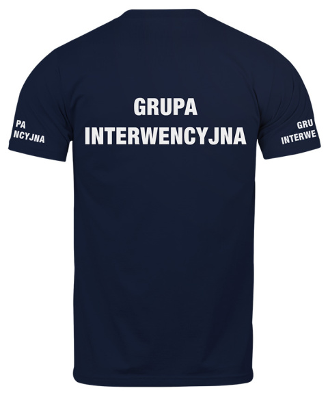 T-shirt, koszulka ciemnogranatowa z nadrukiem odblaskowym "Grupa interwencyjna" 190g/m², rękawki, przód, tył T-shirt, koszulka ciemnogranatowa z nadrukiem odblaskowym "Grupa interwencyjna" 190g/m², rękawki, przód, tył