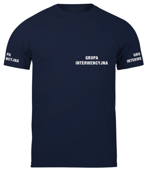 T-shirt, koszulka ciemnogranatowa z nadrukiem odblaskowym "Grupa interwencyjna" 190g/m², rękawki, przód, tył T-shirt, koszulka ciemnogranatowa z nadrukiem odblaskowym "Grupa interwencyjna" 190g/m², rękawki, przód, tył