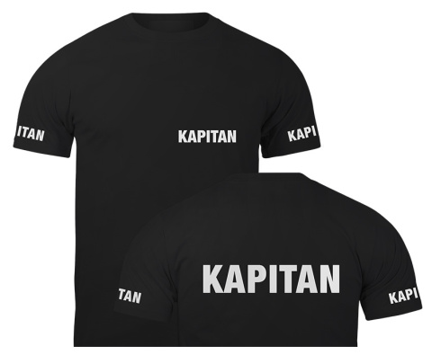 T-shirt, koszulka czarna z nadrukiem odblaskowym "Kapitan" 190g/m², rękawki, przód, tył T-shirt, koszulka czarna z nadrukiem odblaskowym "Kapitan" 190g/m², rękawki, przód, tył