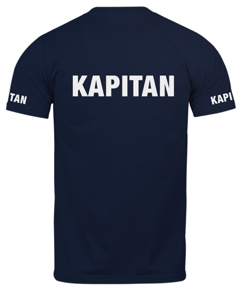 T-shirt, koszulka ciemnogranatowa z nadrukiem odblaskowym "Kapitan" 190g/m², rękawki, przód, tył T-shirt, koszulka ciemnogranatowa z nadrukiem odblaskowym "Kapitan" 190g/m², rękawki, przód, tył