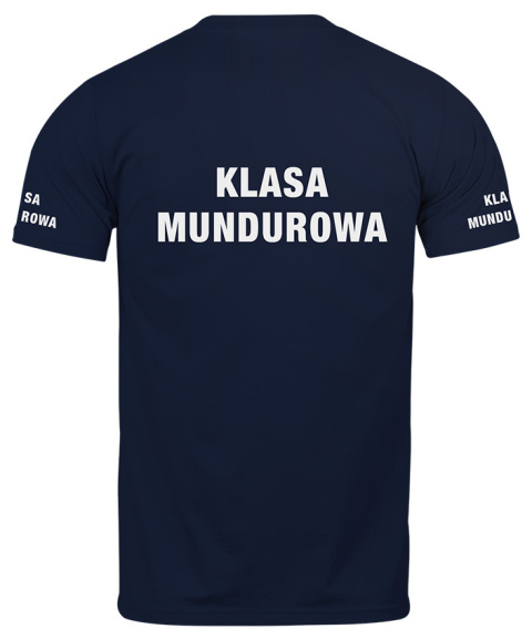 T-shirt, koszulka ciemnogranatowa z nadrukiem odblaskowym "Klasa mundurowa" 190g/m², rękawki, przód, tył T-shirt, koszulka ciemnogranatowa z nadrukiem odblaskowym "Klasa mundurowa" 190g/m², rękawki, przód, tył
