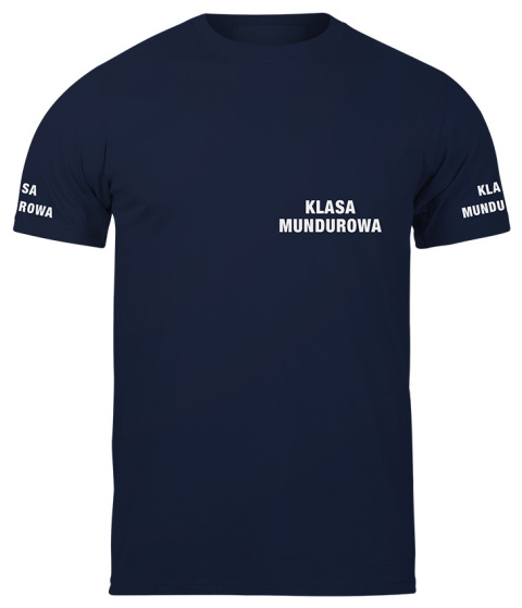 T-shirt, koszulka ciemnogranatowa z nadrukiem odblaskowym "Klasa mundurowa" 190g/m², rękawki, przód, tył T-shirt, koszulka ciemnogranatowa z nadrukiem odblaskowym "Klasa mundurowa" 190g/m², rękawki, przód, tył