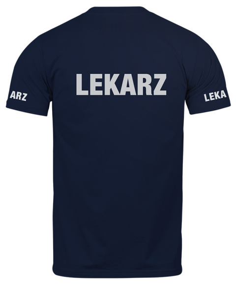 T-shirt, koszulka ciemnogranatowa z nadrukiem odblaskowym "Lekarz" 190g/m², rękawki, przód, tył T-shirt, koszulka ciemnogranatowa z nadrukiem odblaskowym "Lekarz" 190g/m², rękawki, przód, tył