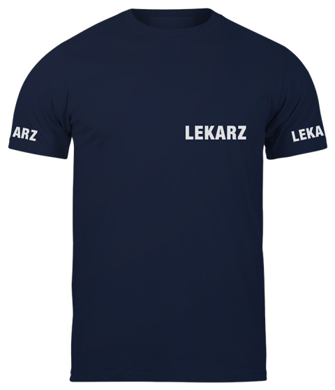 T-shirt, koszulka ciemnogranatowa z nadrukiem odblaskowym "Lekarz" 190g/m², rękawki, przód, tył T-shirt, koszulka ciemnogranatowa z nadrukiem odblaskowym "Lekarz" 190g/m², rękawki, przód, tył