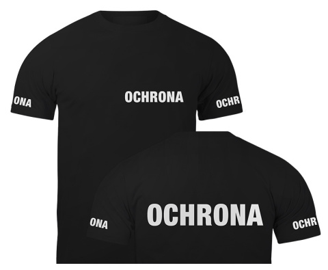 T-shirt, koszulka czarna z nadrukiem odblaskowym "Ochrona" 190g/m², rękawki, przód, tył T-shirt, koszulka czarna z nadrukiem odblaskowym "Ochrona" 190g/m², rękawki, przód, tył