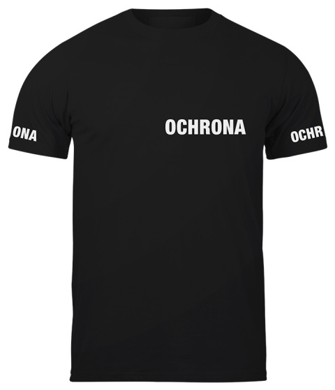 T-shirt, koszulka czarna z nadrukiem odblaskowym "Ochrona" 190g/m², rękawki, przód, tył T-shirt, koszulka czarna z nadrukiem odblaskowym "Ochrona" 190g/m², rękawki, przód, tył