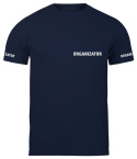 T-shirt, koszulka ciemnogranatowa z nadrukiem odblaskowym "Organizator" 190g/m², rękawki, przód, tył