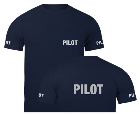 T-shirt, koszulka ciemnogranatowa z nadrukiem odblaskowym "Pilot" 190g/m², rękawki, przód, tył T-shirt, koszulka ciemnogranatowa z nadrukiem odblaskowym "Pilot" 190g/m², rękawki, przód, tył