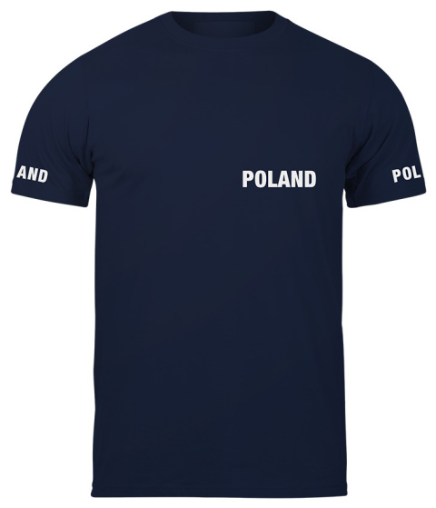 T-shirt, koszulka ciemnogranatowa z nadrukiem odblaskowym "Poland" 190g/m², rękawki, przód, tył T-shirt, koszulka ciemnogranatowa z nadrukiem odblaskowym "Poland" 190g/m², rękawki, przód, tył