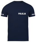 T-shirt, koszulka ciemnogranatowa z nadrukiem odblaskowym "Policja" 190g/m², rękawki, przód, tył