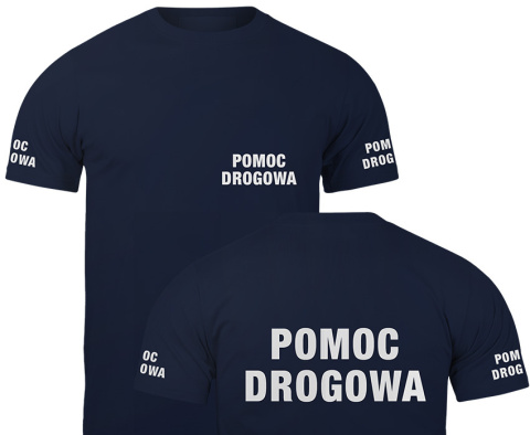 T-shirt, koszulka ciemnogranatowa z nadrukiem odblaskowym "Pomoc drogowa" 190g/m², rękawki, przód, tył T-shirt, koszulka ciemnogranatowa z nadrukiem odblaskowym "Pomoc drogowa" 190g/m², rękawki, przód, tył