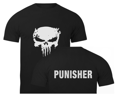 T-shirt, koszulka czarna z nadrukiem odblaskowym "Punisher + grafika" 190g/m², przód, tył T-shirt, koszulka czarna z nadrukiem odblaskowym "Punisher + grafika" 190g/m², przód, tył