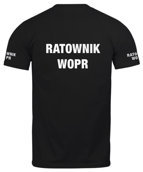 T-shirt, koszulka czarna z nadrukiem odblaskowym "Ratownik WOPR" 190g/m², rękawki, przód, tył T-shirt, koszulka czarna z nadrukiem odblaskowym "Ratownik WOPR" 190g/m², rękawki, przód, tył