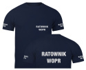T-shirt, koszulka ciemnogranatowa z nadrukiem odblaskowym "Ratownik WOPR" 190g/m², rękawki, przód, tył
