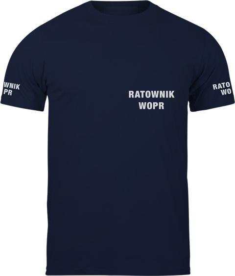T-shirt, koszulka ciemnogranatowa z nadrukiem odblaskowym "Ratownik WOPR" 190g/m², rękawki, przód, tył T-shirt, koszulka ciemnogranatowa z nadrukiem odblaskowym "Ratownik WOPR" 190g/m², rękawki, przód, tył
