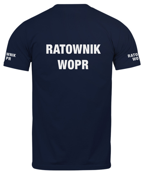 T-shirt, koszulka ciemnogranatowa z nadrukiem odblaskowym "Ratownik WOPR" 190g/m², rękawki, przód, tył T-shirt, koszulka ciemnogranatowa z nadrukiem odblaskowym "Ratownik WOPR" 190g/m², rękawki, przód, tył