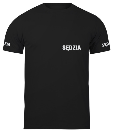 T-shirt, koszulka czarna z nadrukiem odblaskowym "Sędzia" 190g/m², rękawki, przód, tył T-shirt, koszulka czarna z nadrukiem odblaskowym "Sędzia" 190g/m², rękawki, przód, tył