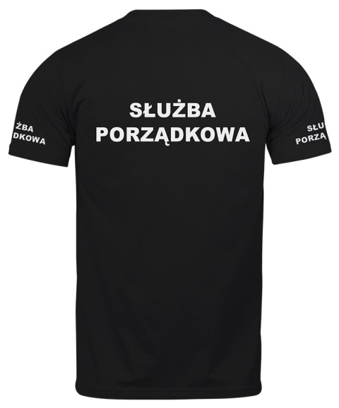 T-shirt, koszulka czarna z nadrukiem odblaskowym "Służba porządkowa" 190g/m², rękawki, przód, tył T-shirt, koszulka czarna z nadrukiem odblaskowym "Służba porządkowa" 190g/m², rękawki, przód, tył