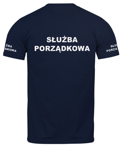 T-shirt, koszulka ciemnogranatowa z nadrukiem odblaskowym "Służba porządkowa" 190g/m², rękawki, przód, tył T-shirt, koszulka ciemnogranatowa z nadrukiem odblaskowym "Służba porządkowa" 190g/m², rękawki, przód, tył