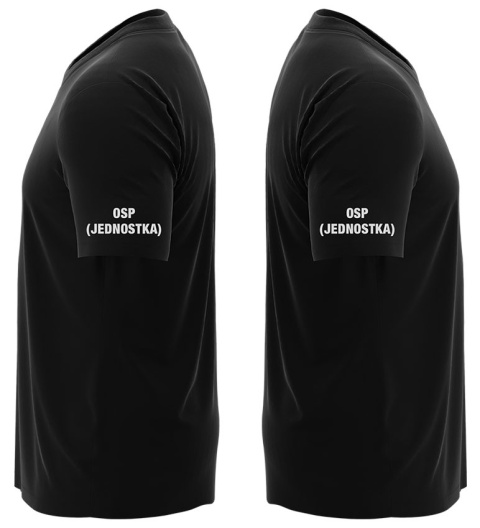 T-shirt, koszulka czarna z nadrukiem odblaskowym "Straż OSP + jednostka" 190g/m², rękawki, przód, tył T-shirt, koszulka czarna z nadrukiem odblaskowym "Straż OSP + jednostka" 190g/m², rękawki, przód, tył