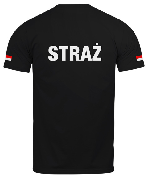 T-shirt, koszulka czarna z nadrukiem odblaskowym "Straż + flaga" 190g/m², rękawki, przód, tył T-shirt, koszulka czarna z nadrukiem odblaskowym "Straż + flaga" 190g/m², rękawki, przód, tył