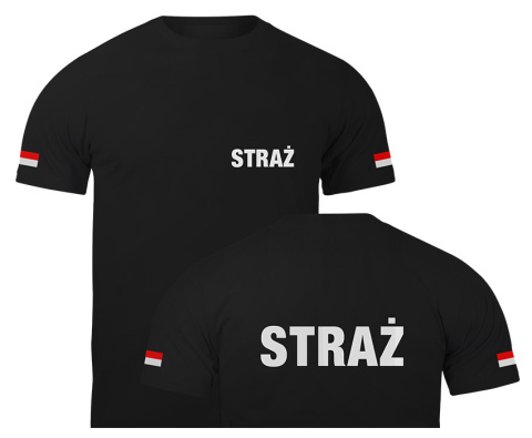 T-shirt, koszulka czarna z nadrukiem odblaskowym "Straż + flaga" 190g/m², rękawki, przód, tył T-shirt, koszulka czarna z nadrukiem odblaskowym "Straż + flaga" 190g/m², rękawki, przód, tył