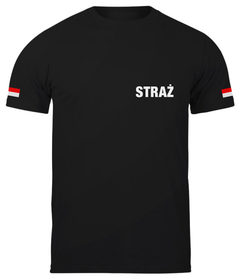 T-shirt, koszulka czarna z nadrukiem odblaskowym "Straż + flaga" 190g/m², rękawki, przód, tył T-shirt, koszulka czarna z nadrukiem odblaskowym "Straż + flaga" 190g/m², rękawki, przód, tył