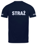 T-shirt, koszulka ciemnogranatowa z nadrukiem odblaskowym "Straż" 190g/m², rękawki, przód, tył