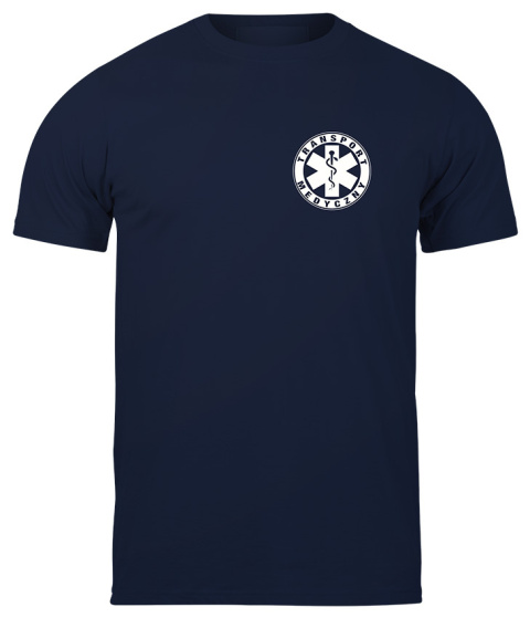 T-shirt, koszulka ciemnogranatowa z nadrukiem odblaskowym "Transport medyczny" 190g/m², przód, tył T-shirt, koszulka ciemnogranatowa z nadrukiem odblaskowym "Transport medyczny" 190g/m², przód, tył