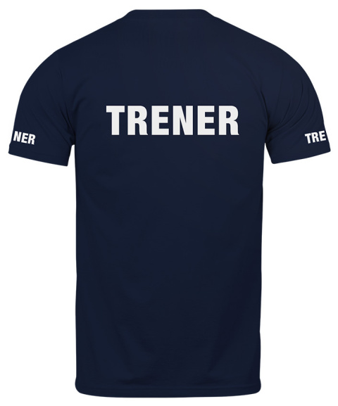 T-shirt, koszulka ciemnogranatowa z nadrukiem odblaskowym "Trener" 190g/m², rękawki, przód, tył T-shirt, koszulka ciemnogranatowa z nadrukiem odblaskowym "Trener" 190g/m², rękawki, przód, tył