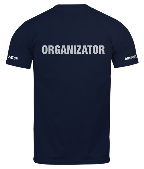 T-shirt, koszulka ciemnogranatowa z nadrukiem odblaskowym "Organizator" 190g/m², rękawki, przód, tył T-shirt, koszulka ciemnogranatowa z nadrukiem odblaskowym "Organizator" 190g/m², rękawki, przód, tył