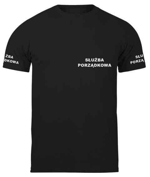 T-shirt, koszulka czarna z nadrukiem odblaskowym "Służba porządkowa" 190g/m², rękawki, przód, tył T-shirt, koszulka czarna z nadrukiem odblaskowym "Służba porządkowa" 190g/m², rękawki, przód, tył