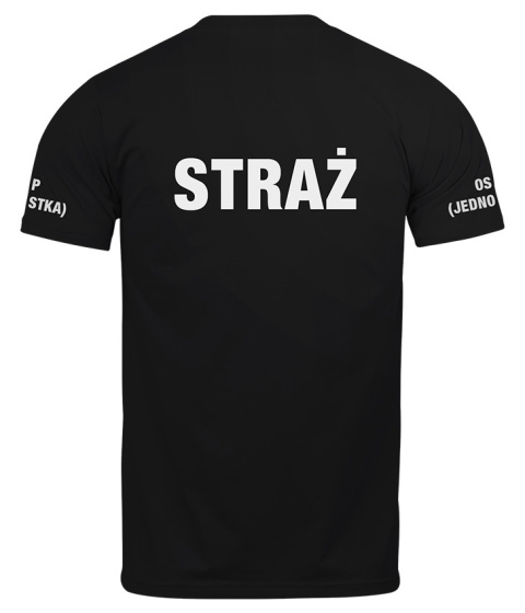 T-shirt, koszulka czarna z nadrukiem odblaskowym "Straż OSP + jednostka" 190g/m², rękawki, przód, tył T-shirt, koszulka czarna z nadrukiem odblaskowym "Straż OSP + jednostka" 190g/m², rękawki, przód, tył
