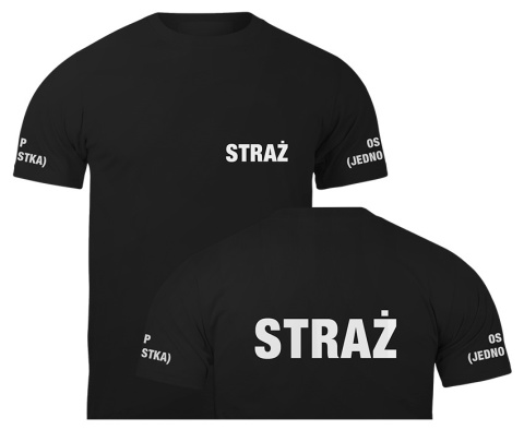 T-shirt, koszulka czarna z nadrukiem odblaskowym "Straż OSP + jednostka" 190g/m², rękawki, przód, tył T-shirt, koszulka czarna z nadrukiem odblaskowym "Straż OSP + jednostka" 190g/m², rękawki, przód, tył