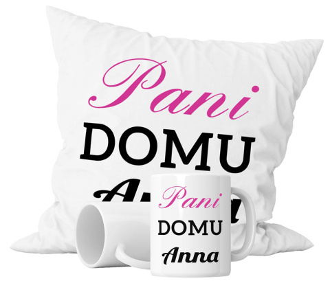 Zestaw prezentowy kubek + poduszka - "Pani domu" + Twój Nadruk Zestaw prezentowy kubek + poduszka - "Pani domu" + Twój Nadruk