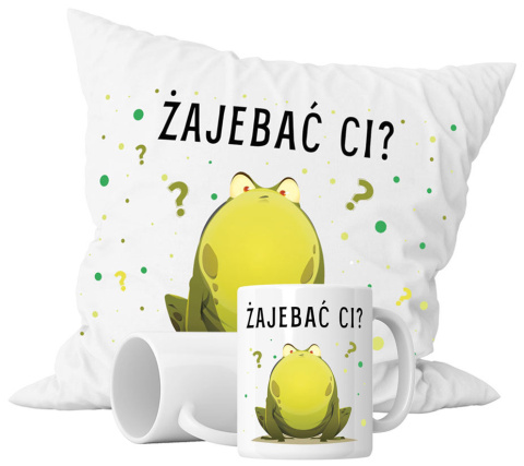 Zestaw prezentowy kubek + poduszka - "Żajebać ci?" + Twój Nadruk Zestaw prezentowy kubek + poduszka - "Żajebać ci?" + Twój Nadruk