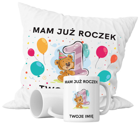 Zestaw prezentowy kubek + poduszka - "Mam już roczek" + Twój Nadruk Zestaw prezentowy kubek + poduszka - "Mam już roczek" + Twój Nadruk