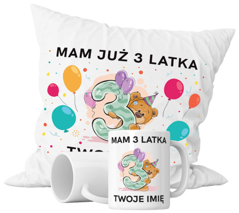Zestaw prezentowy kubek + poduszka - "Mam 3 latka" + Twój Nadruk Zestaw prezentowy kubek + poduszka - "Mam 3 latka" + Twój Nadruk