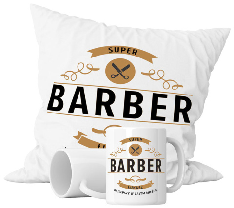 Zestaw prezentowy kubek + poduszka - "Super barber Najlepszy w całym mieście" + Twój Nadruk Zestaw prezentowy kubek + poduszka - "Super barber Najlepszy w całym mieście" + Twój Nadruk