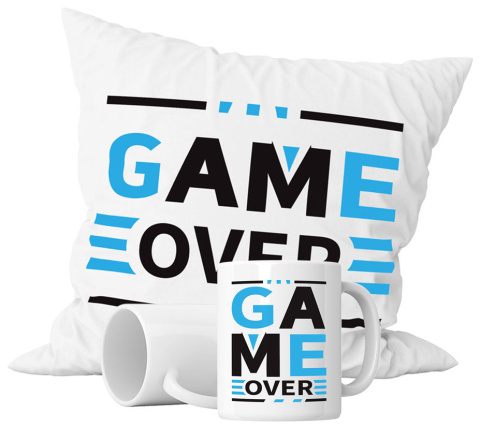 Zestaw prezentowy kubek + poduszka - "Game over" + Twój Nadruk Zestaw prezentowy kubek + poduszka - "Game over" + Twój Nadruk