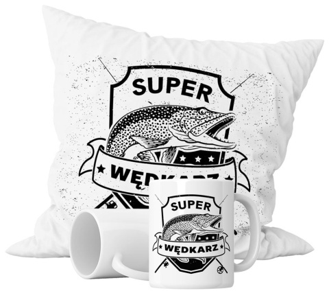 Zestaw prezentowy kubek + poduszka - "Super wędkarz" + Twój Nadruk Zestaw prezentowy kubek + poduszka - "Super wędkarz" + Twój Nadruk