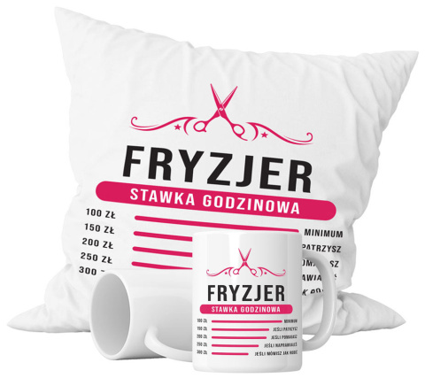 Zestaw prezentowy kubek + poduszka - "Fryzjer - stawka godzinowa" + Twój Nadruk Zestaw prezentowy kubek + poduszka - "Fryzjer - stawka godzinowa" + Twój Nadruk
